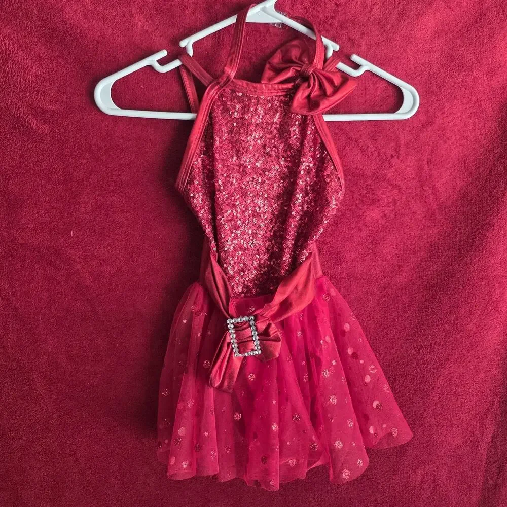 Dansco Girls SC Red Sequin Tutu Dance Costume Small Child Bow Hair Clip Included